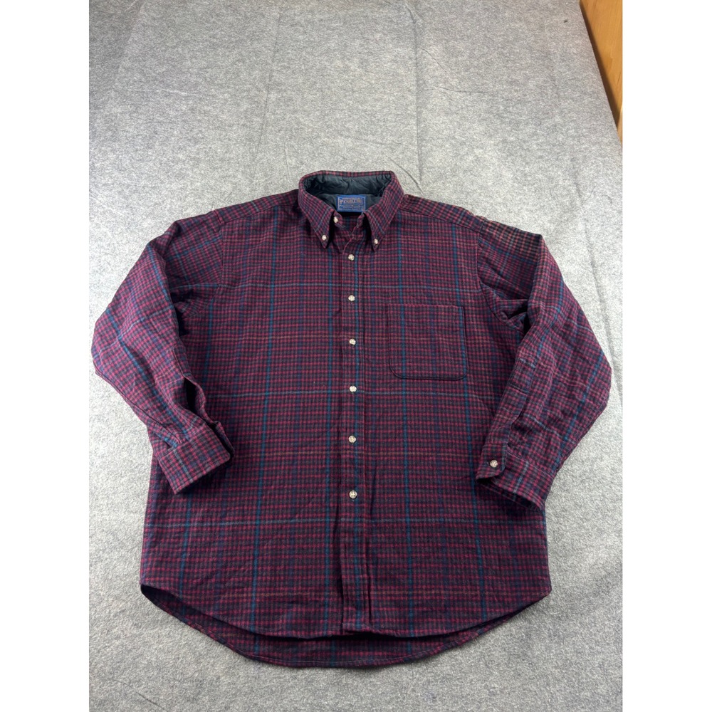 Pendleton Mens L Red Blue Plaid 100% Virgin Wool Flannel Button Down Shirt USA